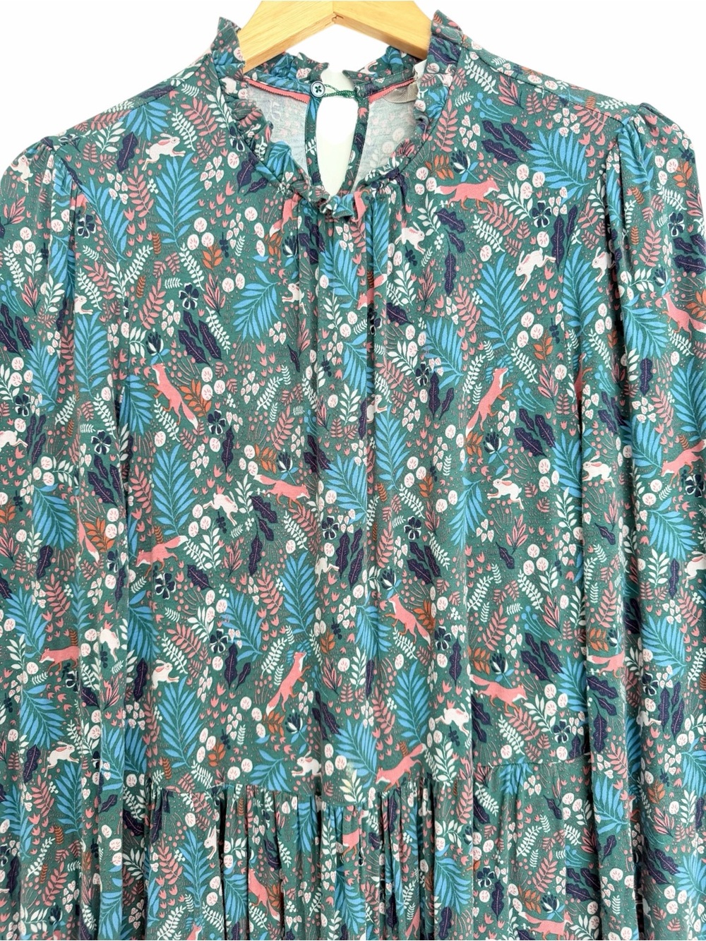 BODEN Woodland Frolic Green Floral Fox Bunny Print Long Sleeve Dress Sz 10 - Picture 3 of 10